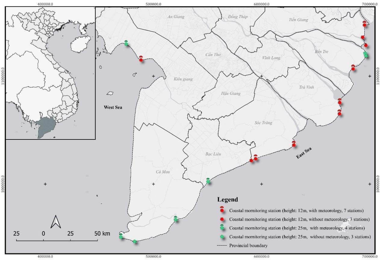 Vị trí các trạm CMS trong hệ thống quan trắc bờ biển (Coastal Monitooring System) tại Đồng bằng sông Cửu Long