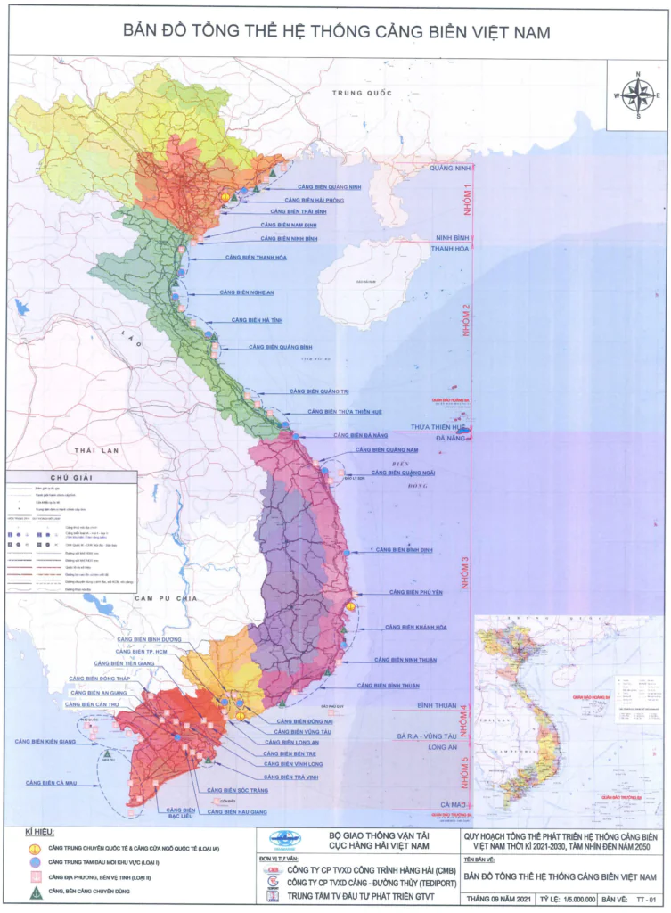 Bản đồ tổng thể hệ thống cảng biển Việt Nam. (tháng 9/2021, tỷ lệ 1/5.000.000)